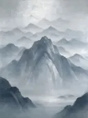 Berglandschap in verweerd zilver, mistig oosters landschap