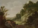 Berglandschap met Narcissus bij de bron van Jacob Pynas: landschap