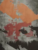 Abstract landschapsschilderij met berglandschap en rood accent