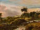 Berglandschap met waterval van Roelant Roghman: landschap met waterval, rotsen, bomen en brug, in gedempt groen met roze lucht