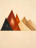 Berglandschap in de stijl Modern Bauhaus, in terracotta, roestoranje en romige crème, met een diepzwart accent
