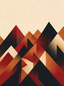 Berglandschap in de stijl Modern Bauhaus, in diep rood, roestoranje en romige crème, met diepzwart