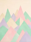 Berglandschap in de stijl Modern Bauhaus, in zacht mintgroen, blozend roze, romige crème en bleeklila