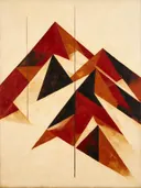 Berglandschap in de stijl Modern Bauhaus, in diep rood, roestoranje en romige crème, met diepzwart