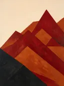 Berglandschap in de stijl Modern Bauhaus, in diep rood, roestoranje en romige crème, met diepzwart