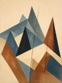 Berglandschap in de stijl Modern Bauhaus, in gedempt blauwgrijs, romige crème en terracotta, met een diepzwart accent