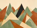 Berglandschap in de stijl Modern Bauhaus, in saliegroen, romige crème en terracotta, met een diepzwart accent