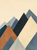 Berglandschap in de stijl Modern Bauhaus, in gedempt blauwgrijs, romige crème en terracotta, met een diepzwart accent