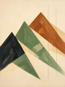 Berglandschap in de stijl Modern Bauhaus, in saliegroen, romige crème en terracotta, met een diepzwart accent