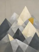Berglandschap in de stijl Modern Bauhaus, in grafiet, zilvergrijs en bleek been, met een mosterdgeel accent