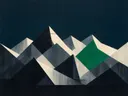 Berglandschap in de stijl Modern Bauhaus, in houtskool, leigrijs en gebroken wit, met een fel smaragdgroen accent