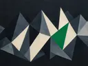 Berglandschap in de stijl Modern Bauhaus, in houtskool, leigrijs en gebroken wit, met een fel smaragdgroen accent