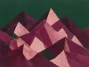 Berglandschap in de stijl Modern Bauhaus, in aubergine, diep magenta en zacht blos, met een dunne gouden lijn