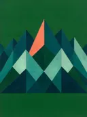 Berglandschap in de stijl Modern Bauhaus, in diep zeegroen, petrolblauw en bleek zeeschuim, met een warm koraalrood accent