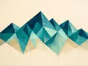 Berglandschap in de stijl Modern Bauhaus, in diep zeeblauw, turkoois en bleek aqua, met warm zand