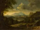 Berglandschap van Gaspard Dughet: landschap met bergen, bomen, wolken en honden, in gedempt groen en okergeel
