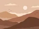 Gestileerde illustratie van bergen in bruintinten met een zon en vliegende vogels.