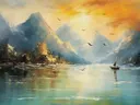 Schilderij van bergen bij zonsondergang met meer en zeilboot