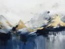 Schilderij van bergen met een spiegelend meer
