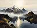 Landschapsschilderij, bergmeer met spiegeling op vulkanische grond