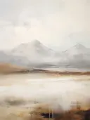 Landschapsschilderij van grijze bergen met een goudkleurige oever aan een meer.