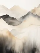 Waterverf landschap van een bergpas in zachte grijze en okertinten.