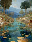 Schilderij van een bergrivier omringd door bomen en verre blauwe bergen