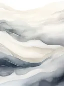 Abstract berglandschap met golvende lagen in beige, grijs en blauwtinten.