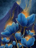 Schilderij van blauwe tulpen met gouden sterrenstof bij een berg