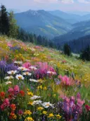 Bergweide vol veldbloemen, landschap schilderij
