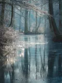 Schilderij van een berijpt bos aan een rivier in de winter