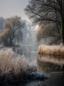 Schilderij van berijpte wilgen en riet langs een rivieroever in de winter
