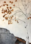 Schilderij van een berkenboom met herfstbladeren en rotsen