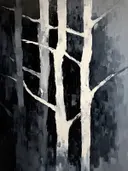 Zwart-wit schilderij van berkenbomen in het bos