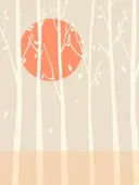 Grafisch schilderij van een berkenbos met een oranje zon