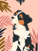 Schilderij van een Berner Sennenhond puppy tussen bladeren, kinderkamer wanddecoratie
