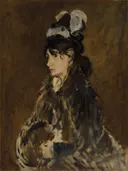 Berthe Morisot with a Muff van Edouard Manet: portret met vrouw, hoed, mof en donker, in donker bruin