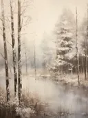 Winters landschap met besneeuwde berkenbomen langs een mistig meer.