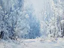 Landschapsschilderij van een besneeuwd bospad