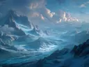 Schilderij van besneeuwde bergtoppen met een kronkelende gletsjerrivier