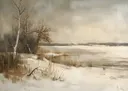 Schilderij van een besneeuwd winterlandschap met berkenbomen aan een meer