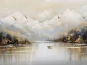 Goudkleurig berglandschap schilderij met bootje op meer