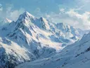 Schilderij van een besneeuwde bergtop tussen de wolken