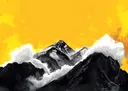 Schilderij van een besneeuwde bergtop boven wolken tegen een gele lucht