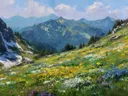 Schilderij van besneeuwde bergen boven een kleurrijke bloemenweide