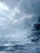 Schilderij van besneeuwde kliffen bij een woeste ijzige zee