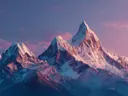 Schilderij van besneeuwde bergtoppen boven een sparrenbos