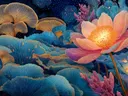 Schilderij van een roze bloesem te midden van blauwe waaervormige fantasiebloemen