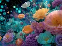 Schilderij van een kleurrijke fantasietuin met pastelkleurige bloemen.