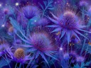 Schilderij van blauwe distelbloemen met oranje vlinders in het donker
